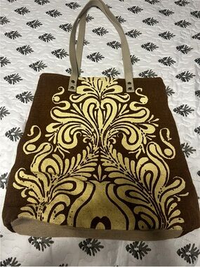 Amy Butler Brown & Gold Damask Canvas Tote Bag